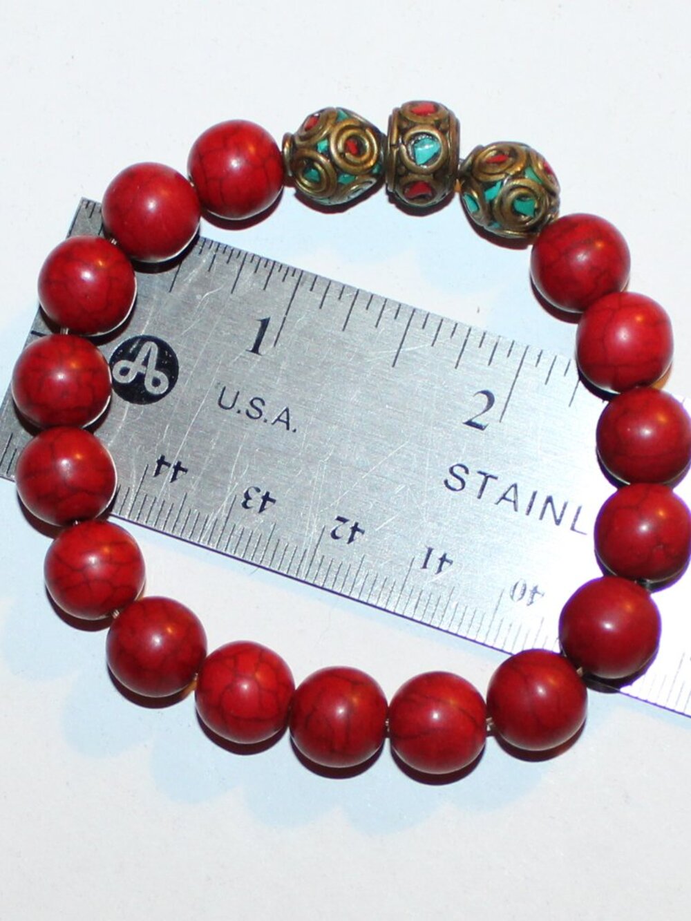 Red Beaded Boho Stretch Bracelet with Tibetan Turquoise Coral Brass Inlay Accent